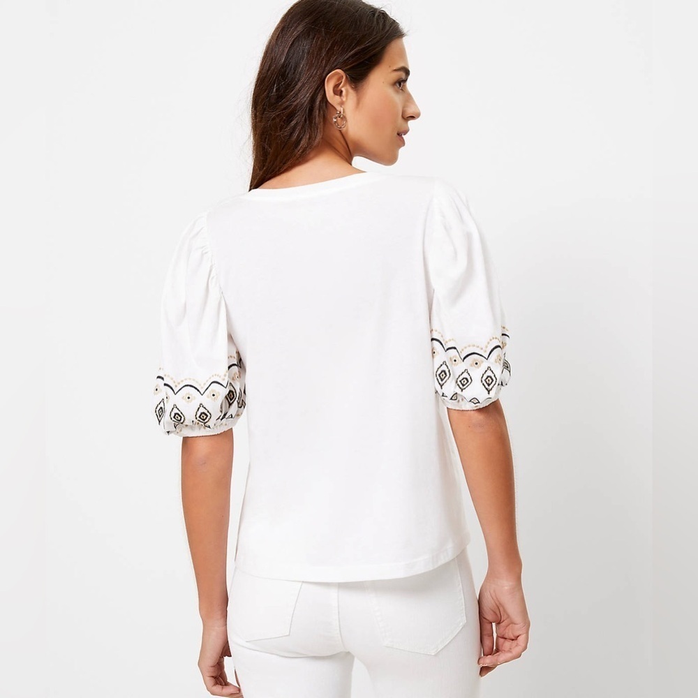 LOFT Embroidered Balloon Sleeve Top White 100% Cotton Lightweight Blouse Size MP - Picture 2 of 15